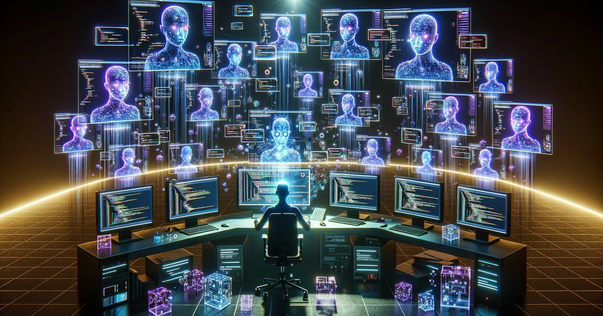 Developer surrounded by AI assistants, each speaking different languages