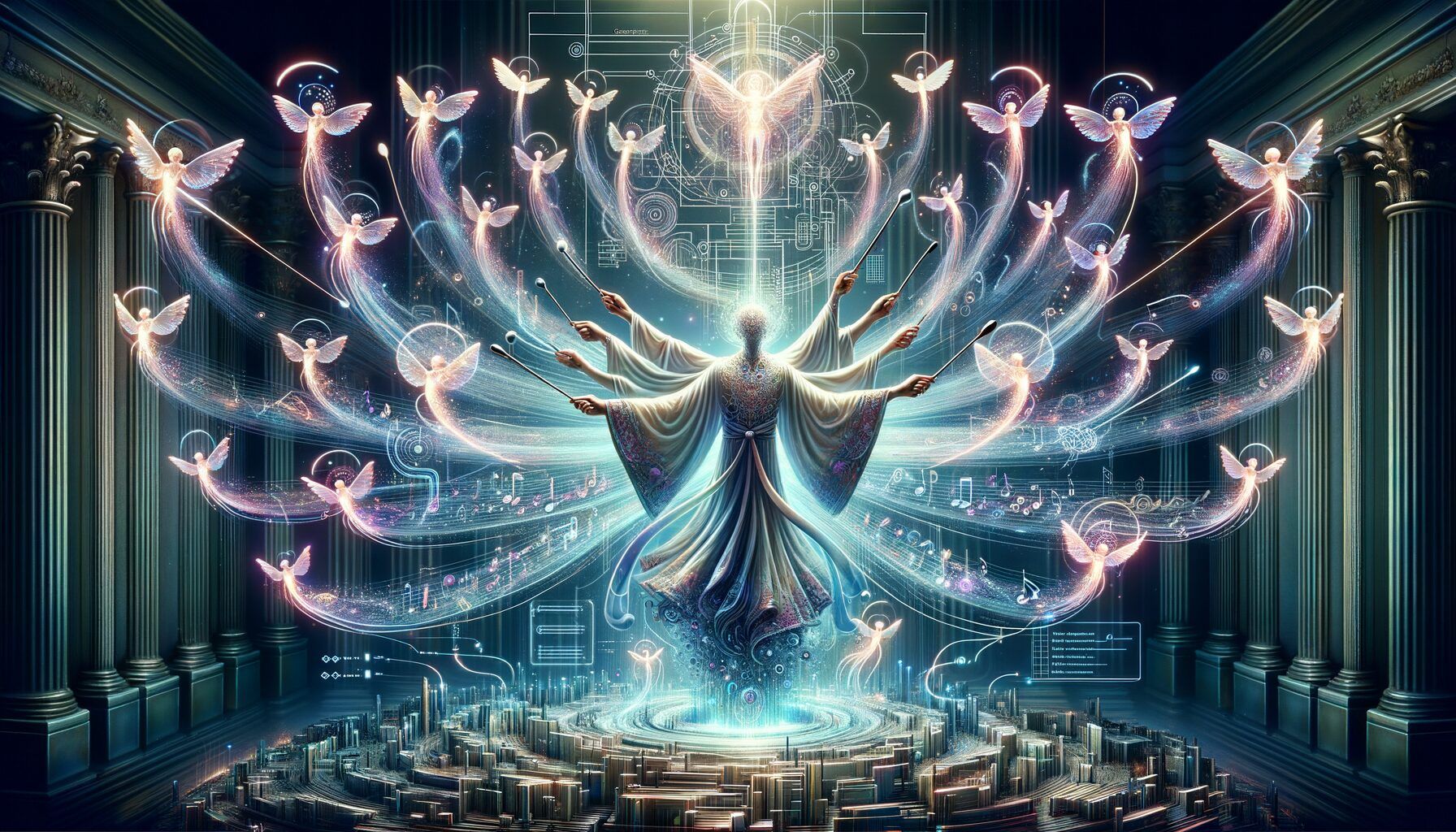 Cyberpunk command center with developer orchestrating multiple AI teams
