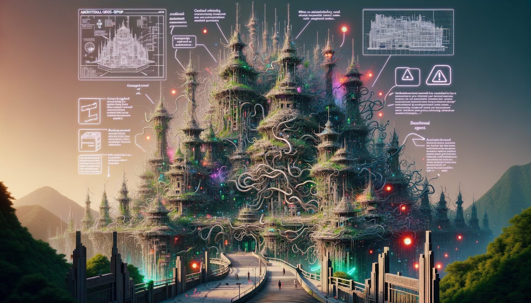 Cyberpunk visualization of clean architecture vs tangled technical debt