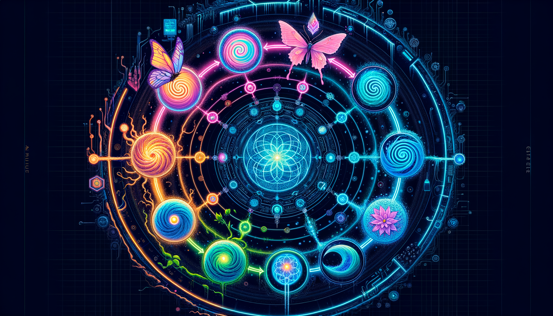 Cyberpunk visualization of recursive epoch cycles with AI teams