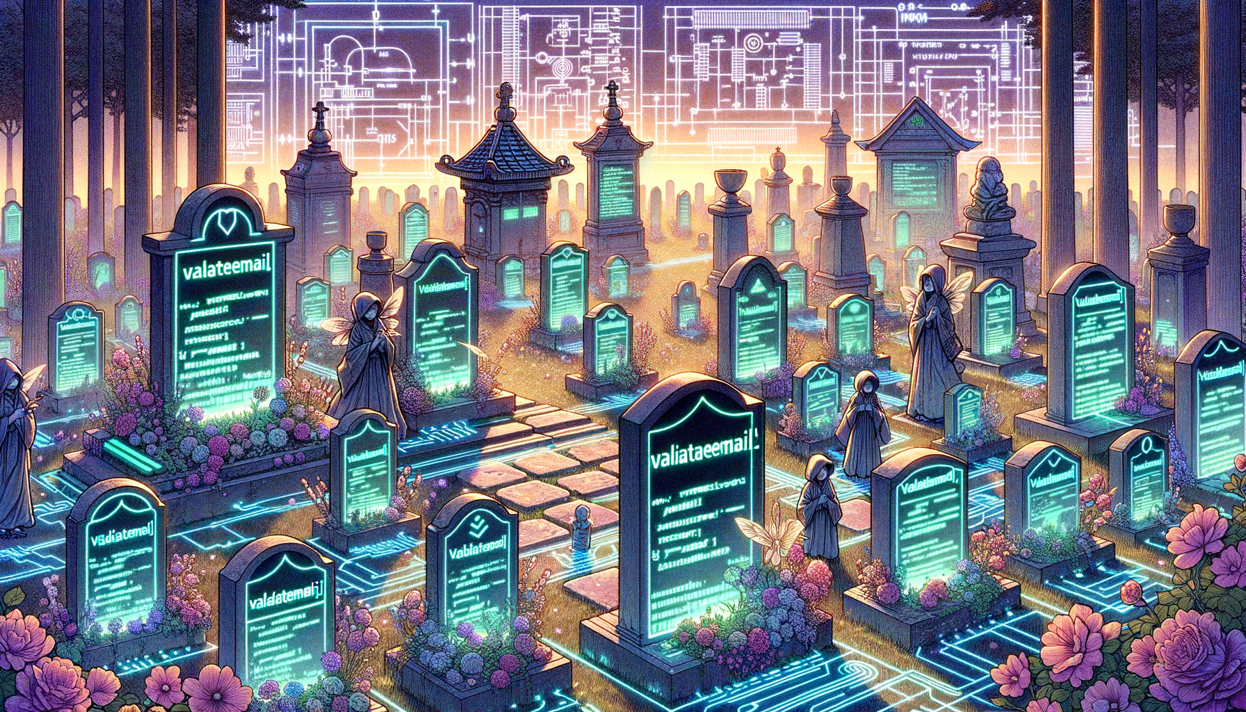 Cyberpunk graveyard of duplicated functions with neon tombstones