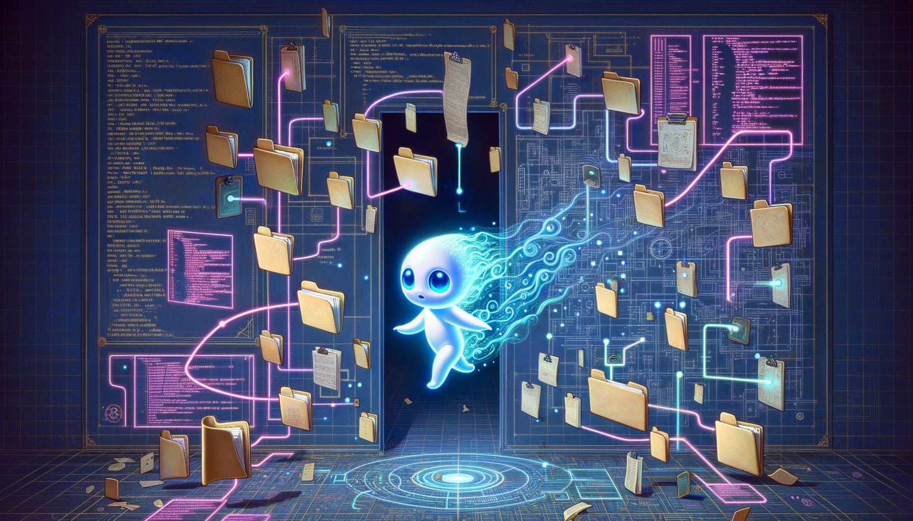 Cyberpunk visualization of an AI intern surrounded by senior team members