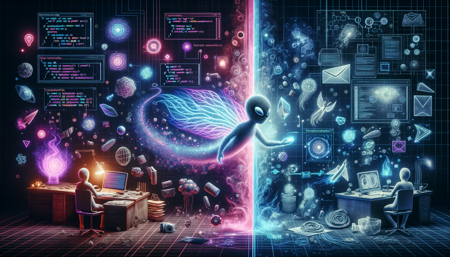 Split screen: empty marketing folder vs automated content pipeline generating assets