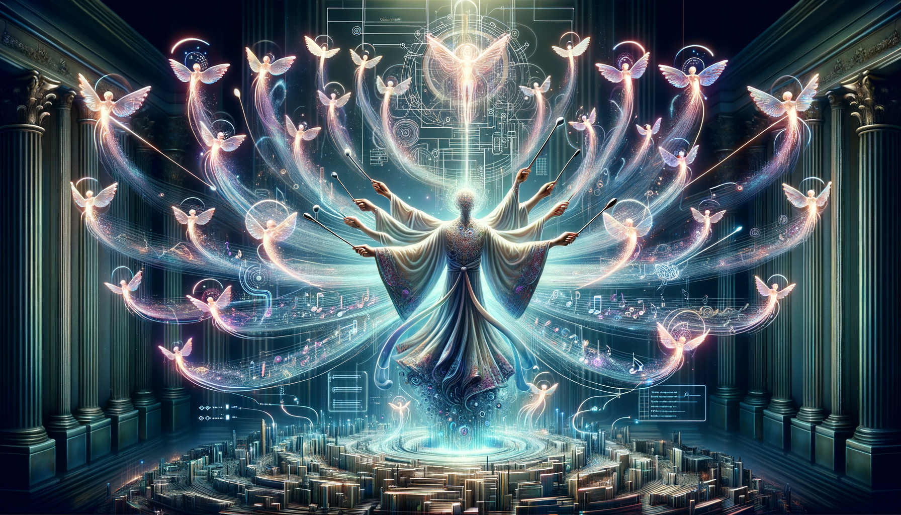 Cyberpunk command center with developer orchestrating multiple AI teams